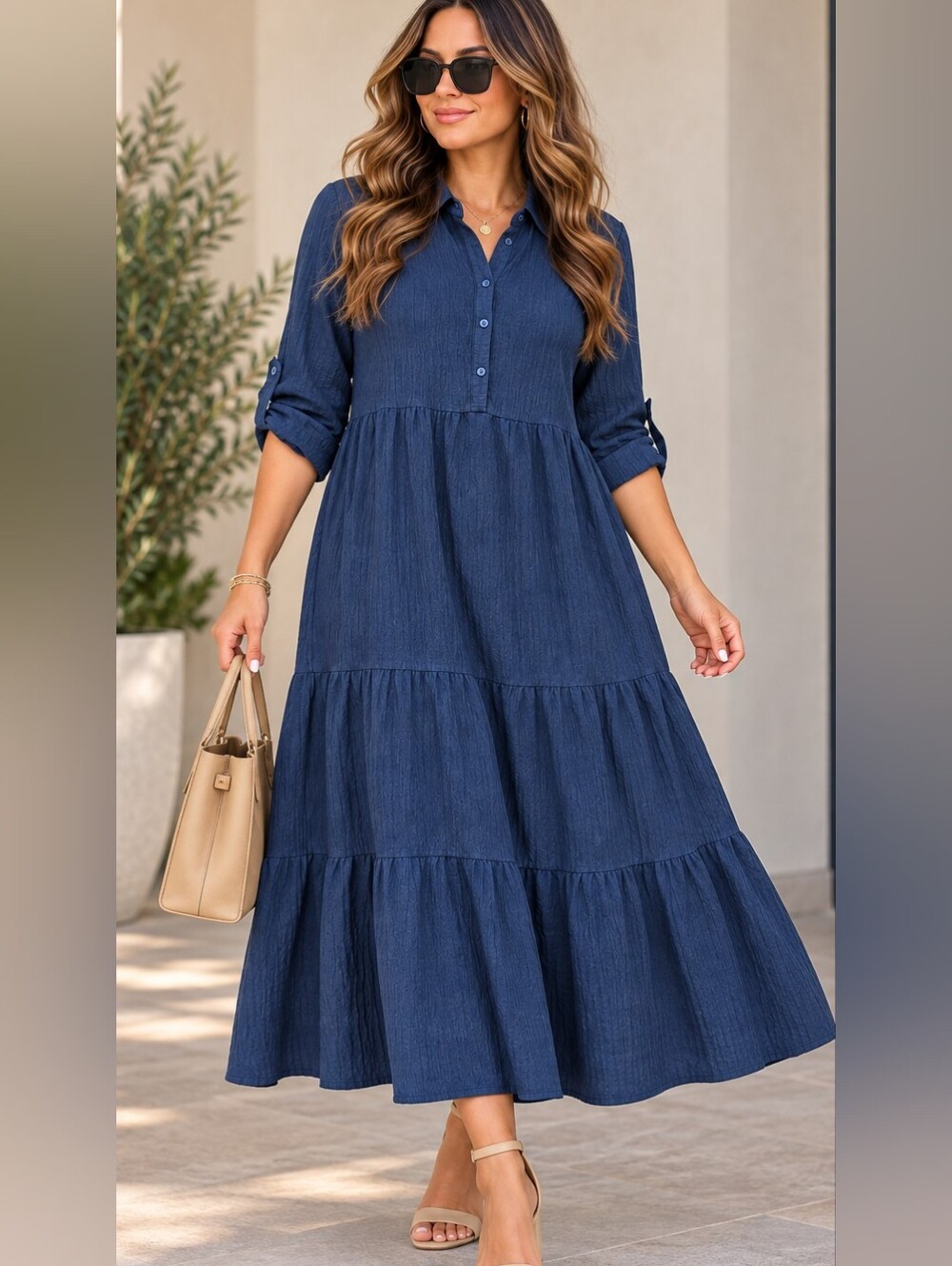 Max Studio London Navy Long-Sleeve Tiered Maxi Dress with Pockets